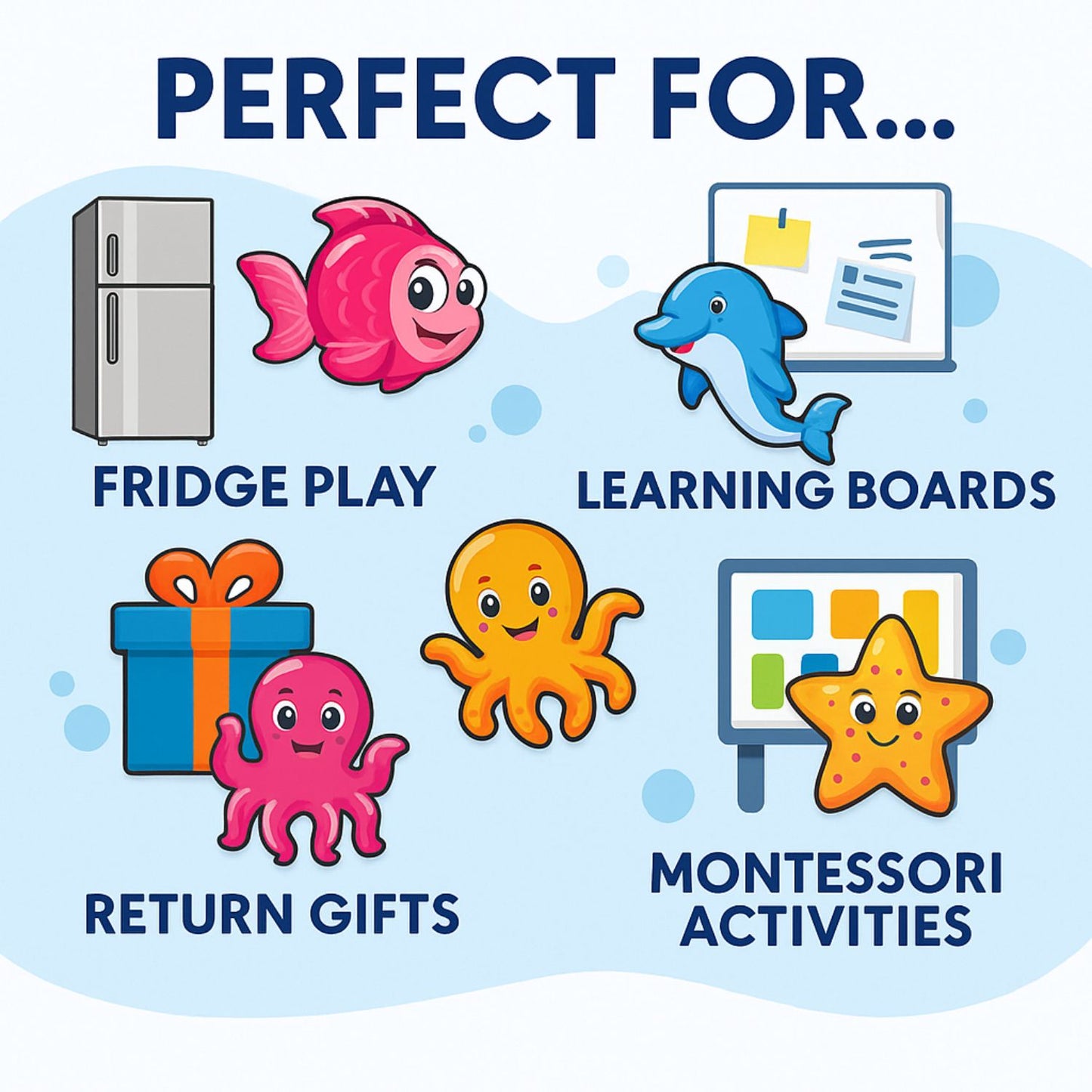 Sea Animal Fridge Magnet Set for Kids | 14 Cute Ocean Creature | Educational Cartoon-Style Magnets