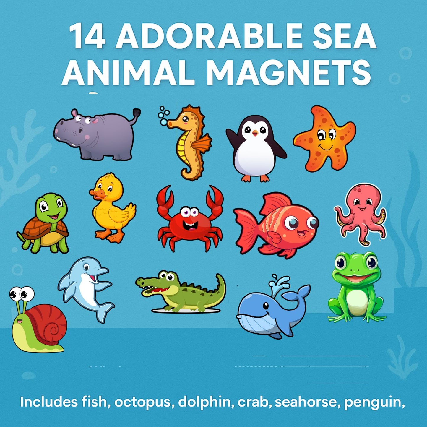 Sea Animal Fridge Magnet Set for Kids | 14 Cute Ocean Creature | Educational Cartoon-Style Magnets