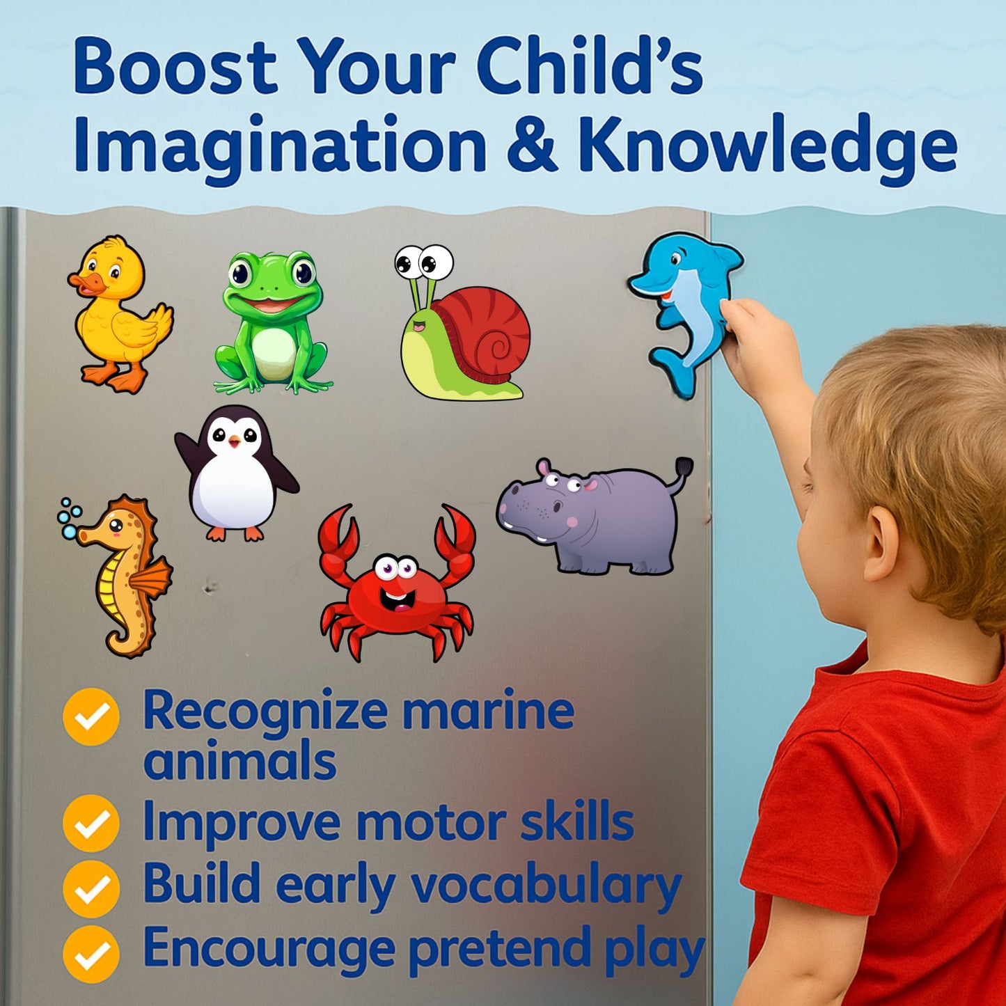 Sea Animal Fridge Magnet Set for Kids | 14 Cute Ocean Creature | Educational Cartoon-Style Magnets