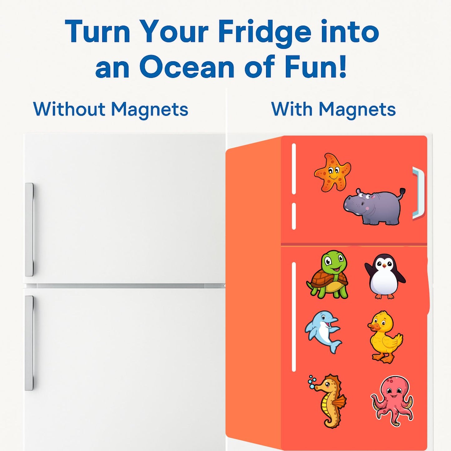Sea Animal Fridge Magnet Set for Kids | 14 Cute Ocean Creature | Educational Cartoon-Style Magnets