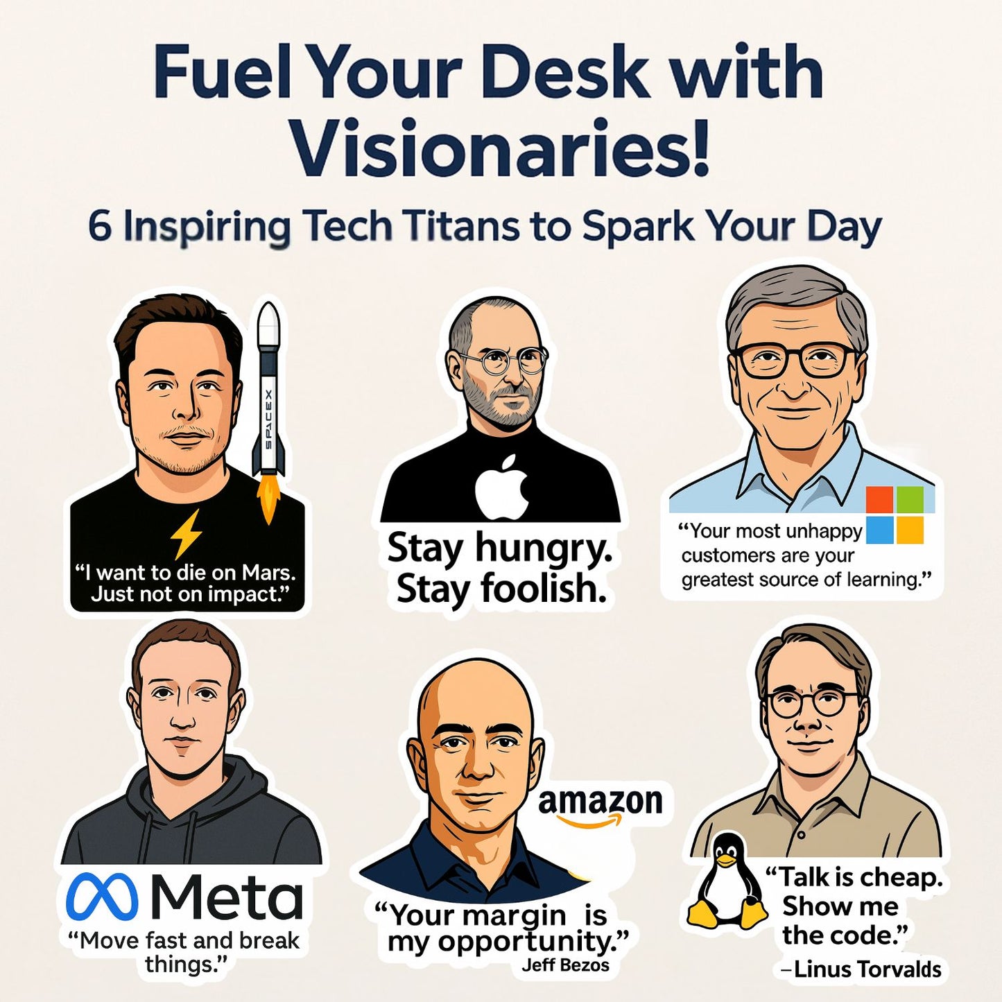 Tech Legends Fridge Magnet Set | 6 Iconic Innovator Magnets | Inspirational Decor for Desks, Lockers & Workspaces