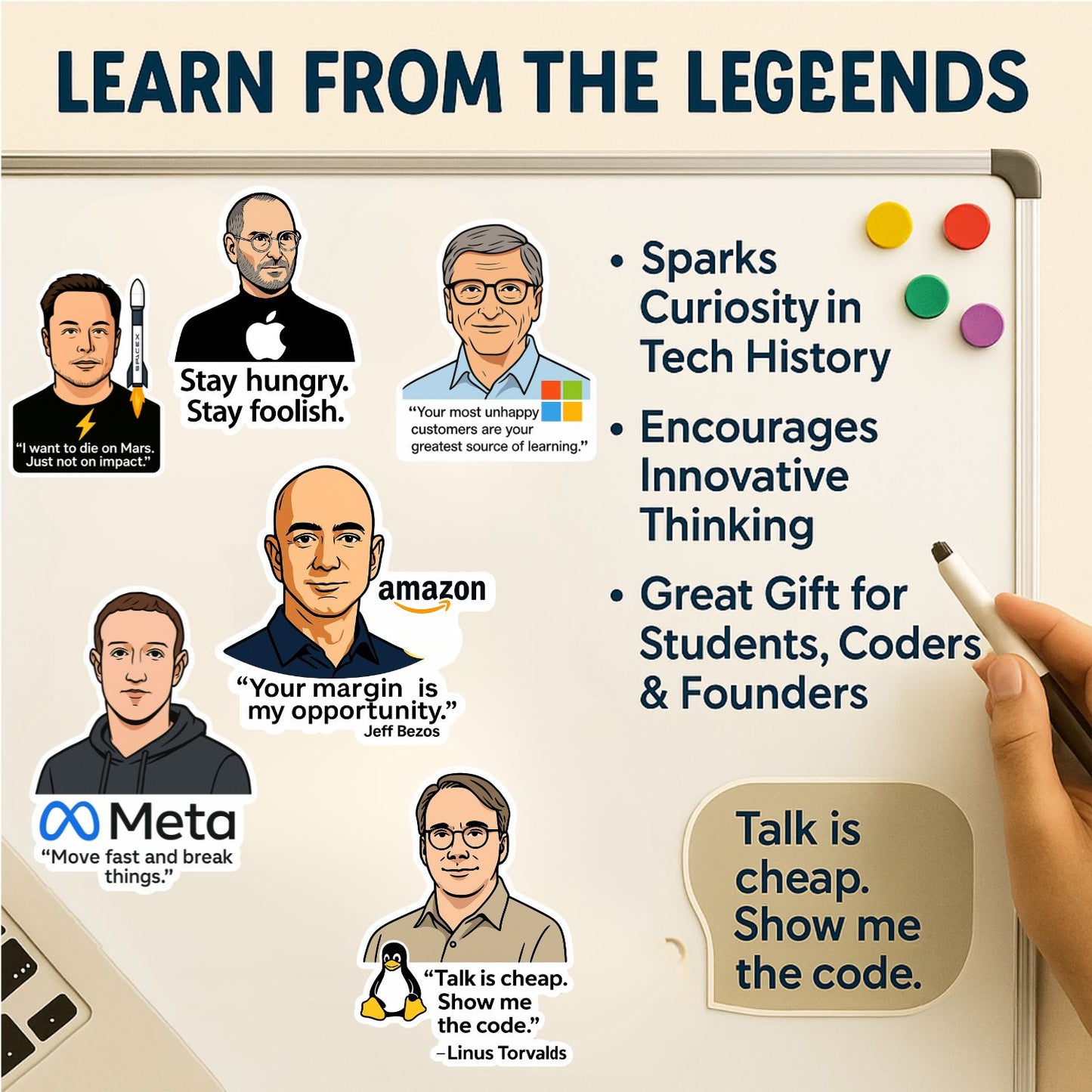 Tech Legends Fridge Magnet Set | 6 Iconic Innovator Magnets | Inspirational Decor for Desks, Lockers & Workspaces