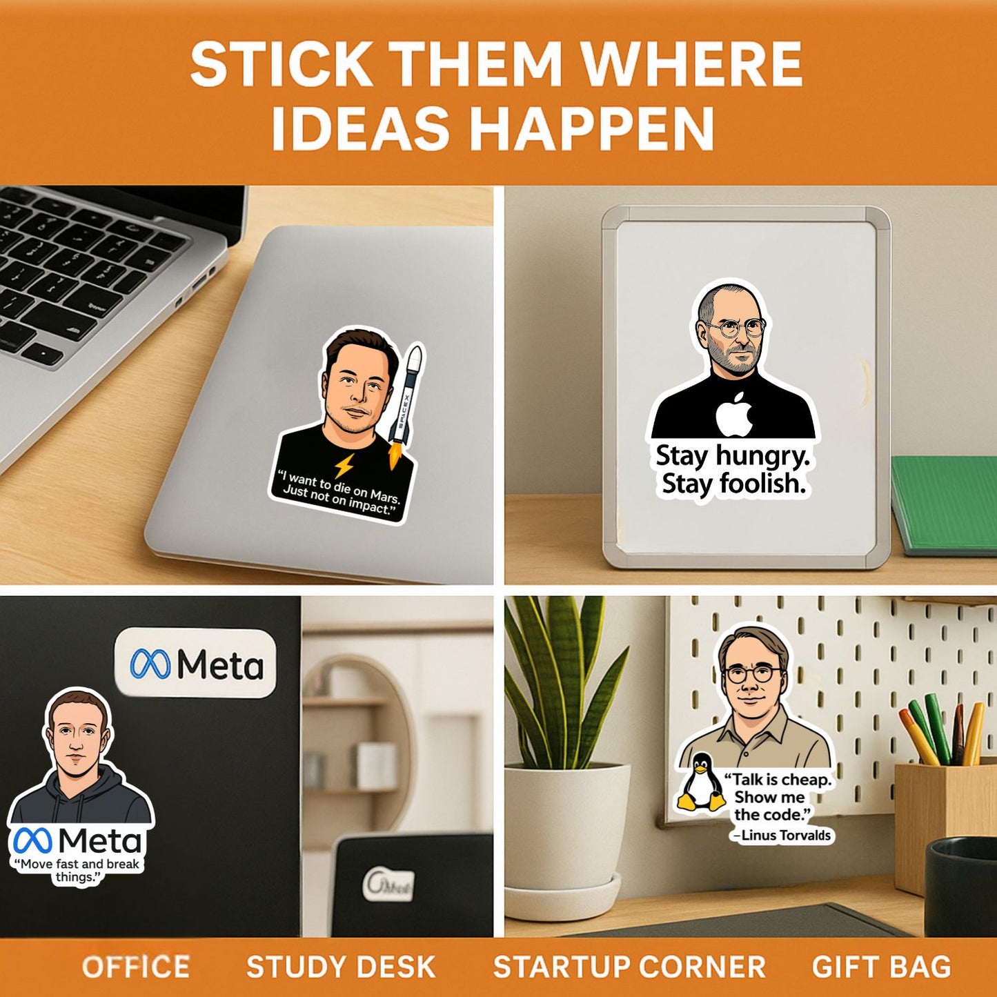 Tech Legends Fridge Magnet Set | 6 Iconic Innovator Magnets | Inspirational Decor for Desks, Lockers & Workspaces