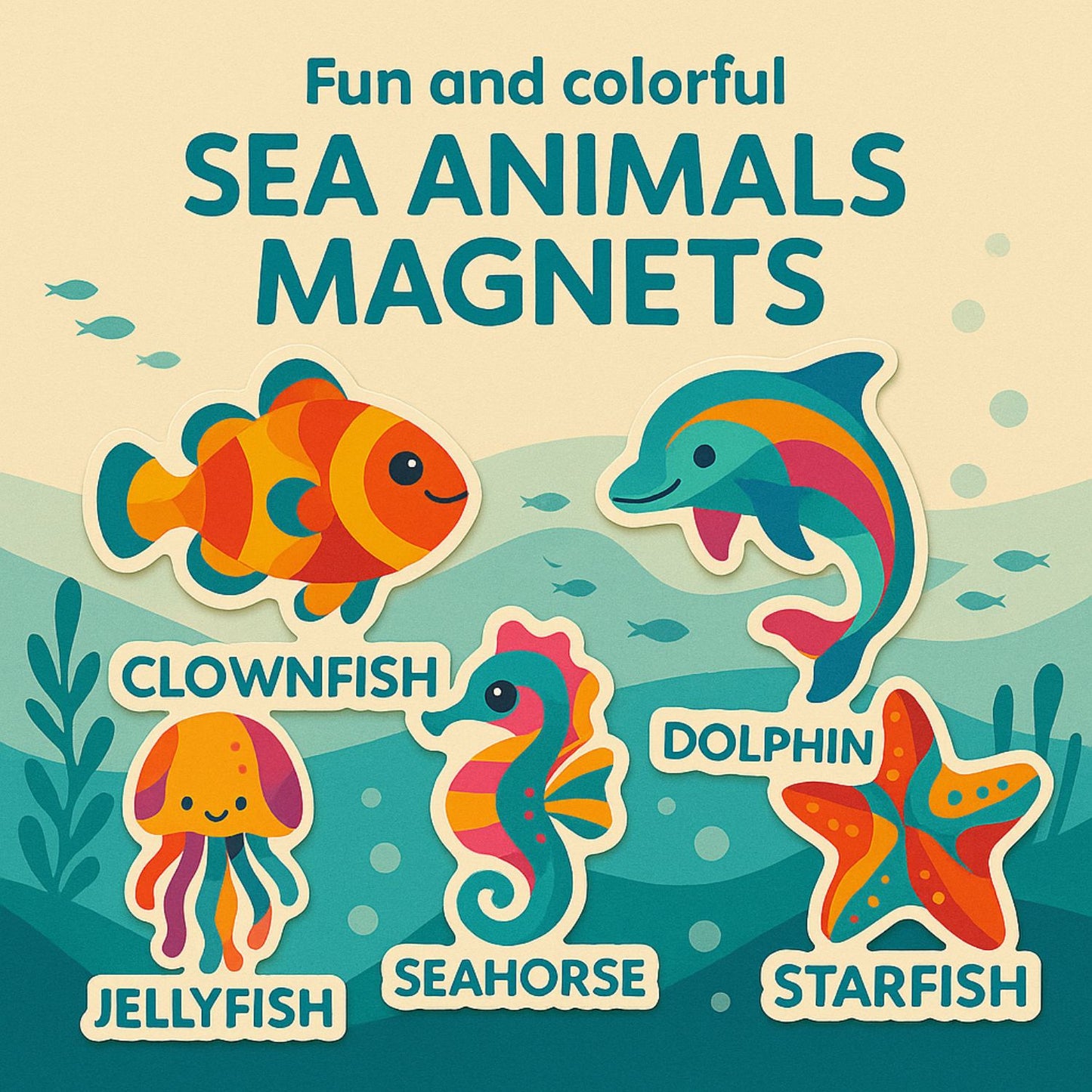 Colorful Sea Animal Fridge Magnet Set – Abstract Ocean Creatures for Kids