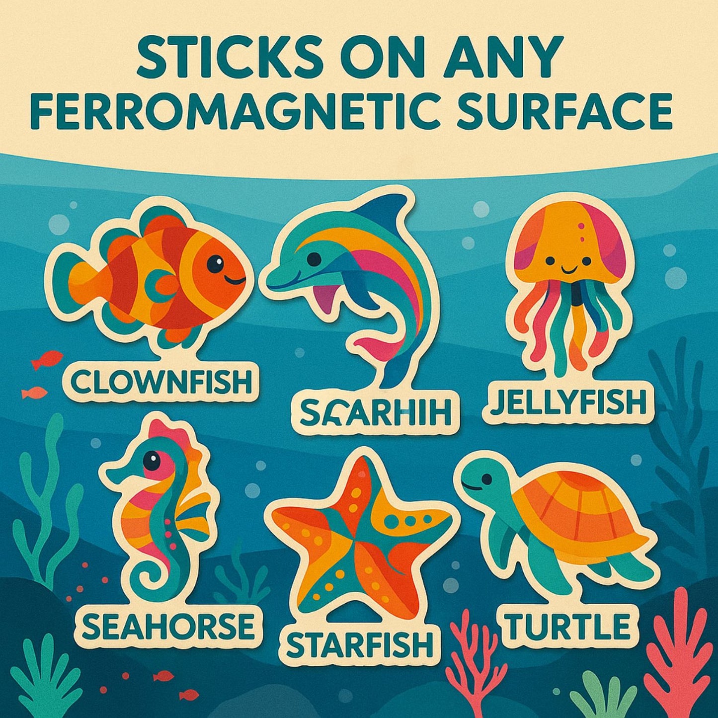 Colorful Sea Animal Fridge Magnet Set – Abstract Ocean Creatures for Kids