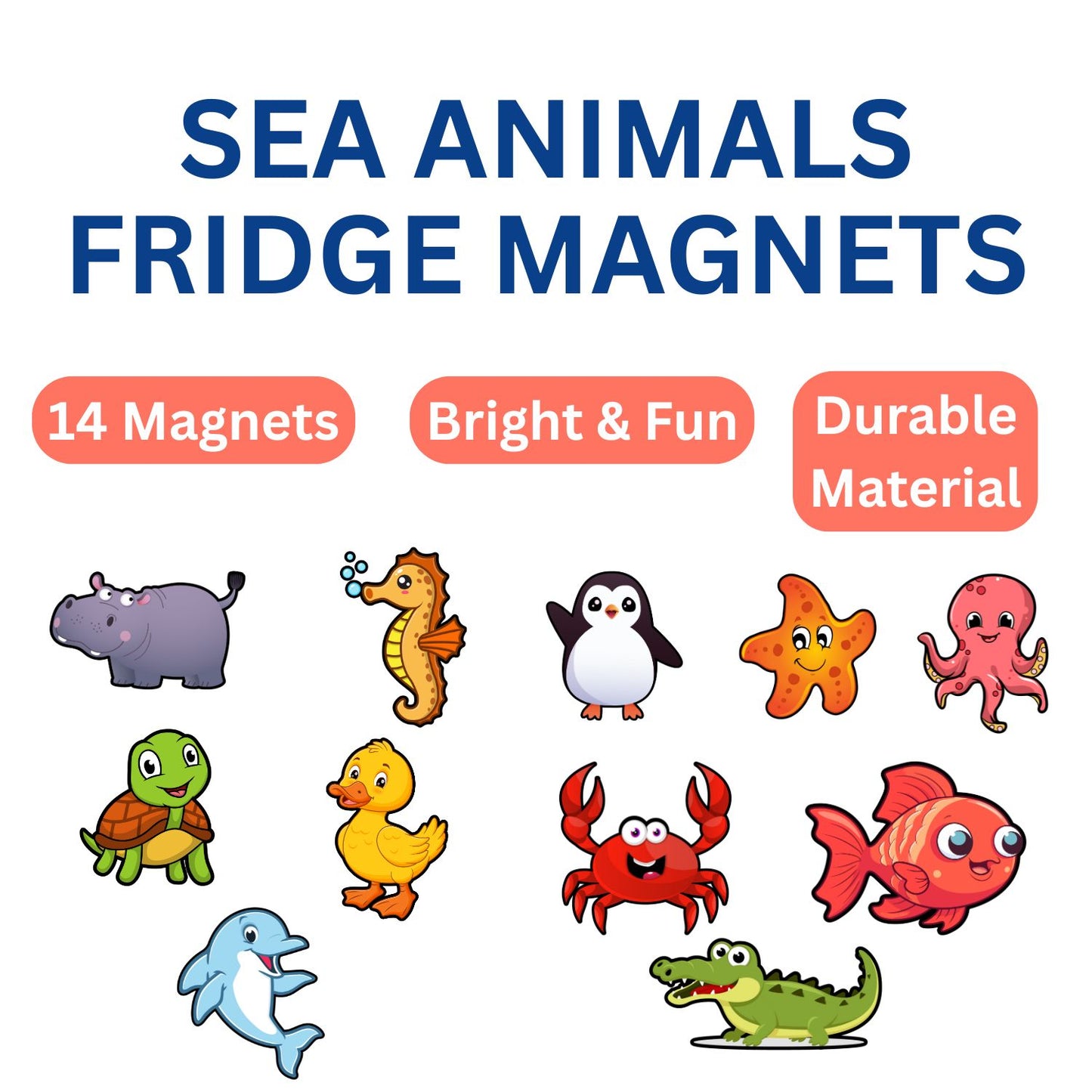 Sea Animal Fridge Magnet Set for Kids | 14 Cute Ocean Creature | Educational Cartoon-Style Magnets