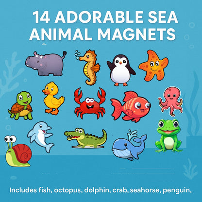 Sea Animal Fridge Magnet Set for Kids | 14 Cute Ocean Creature | Educational Cartoon-Style Magnets