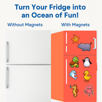 Sea Animal Fridge Magnet Set for Kids | 14 Cute Ocean Creature | Educational Cartoon-Style Magnets
