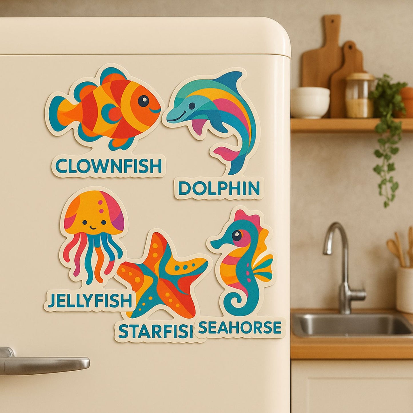 Colorful Sea Animal Fridge Magnet Set – Abstract Ocean Creatures for Kids