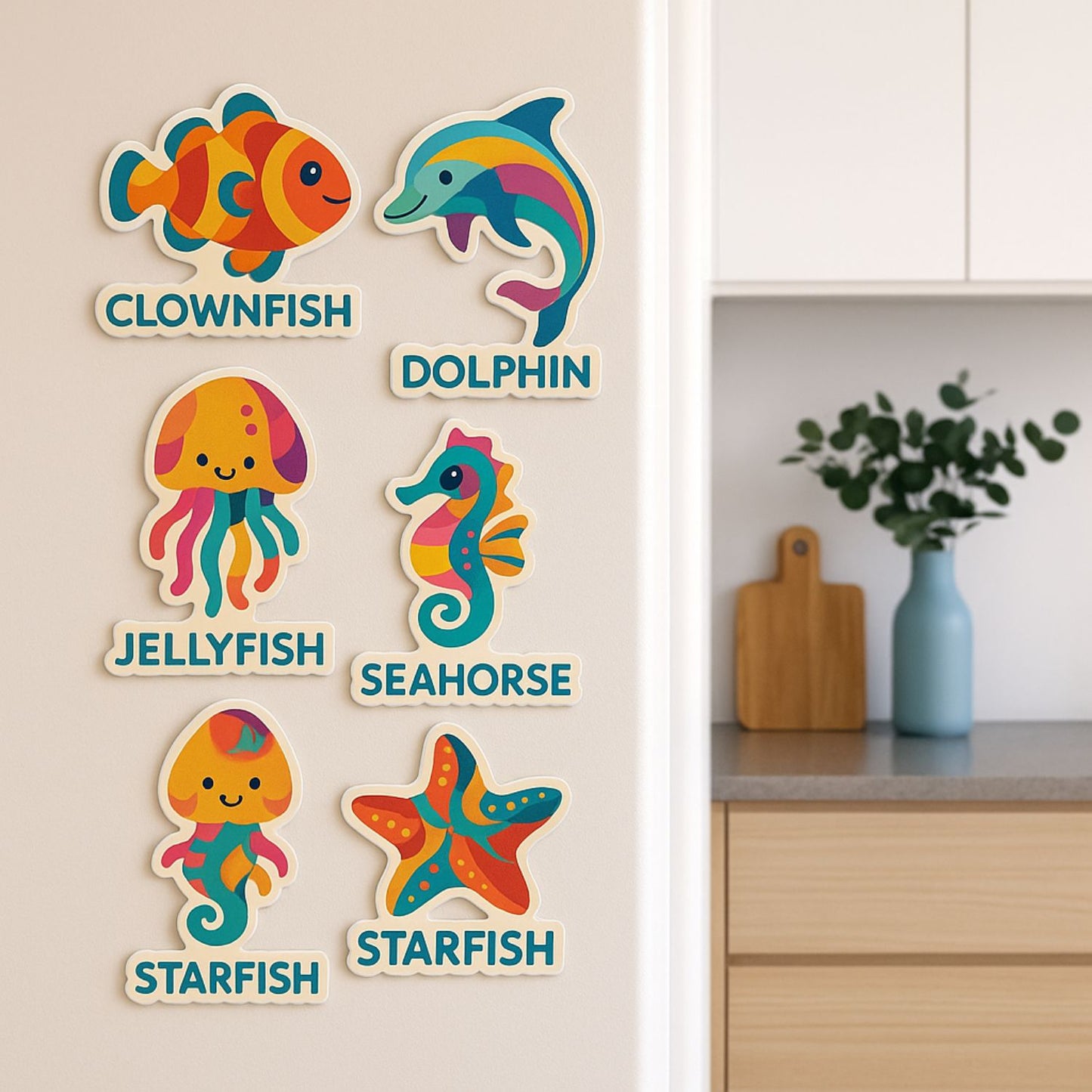 Colorful Sea Animal Fridge Magnet Set – Abstract Ocean Creatures for Kids