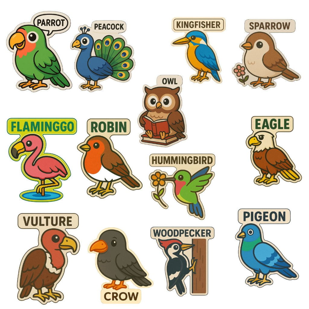 Tweet Squad: Cute Birds with Names Fridge Magnet Set