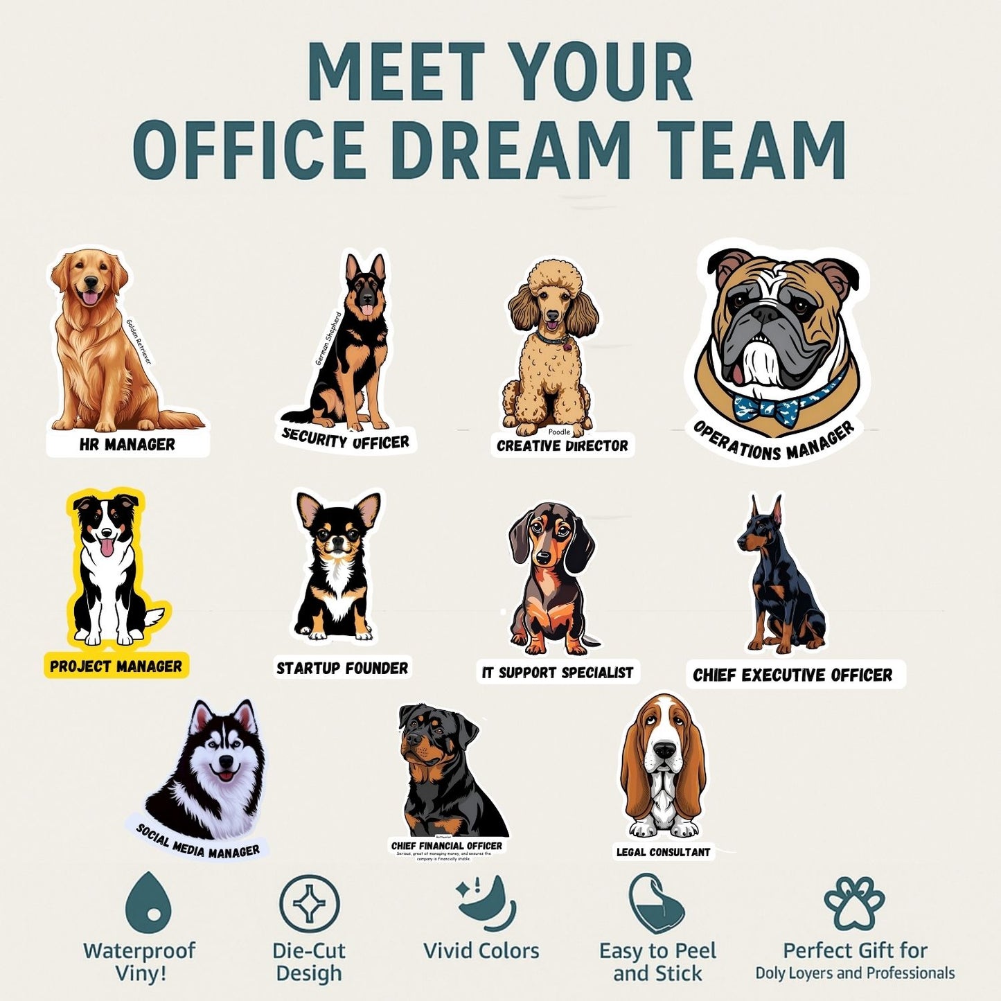 Corporate Funny Dog Stickers Set | Office-Themed Dog Memes | Waterproof Vinyl for Laptop, Desk, Bottle & Workstation Fun