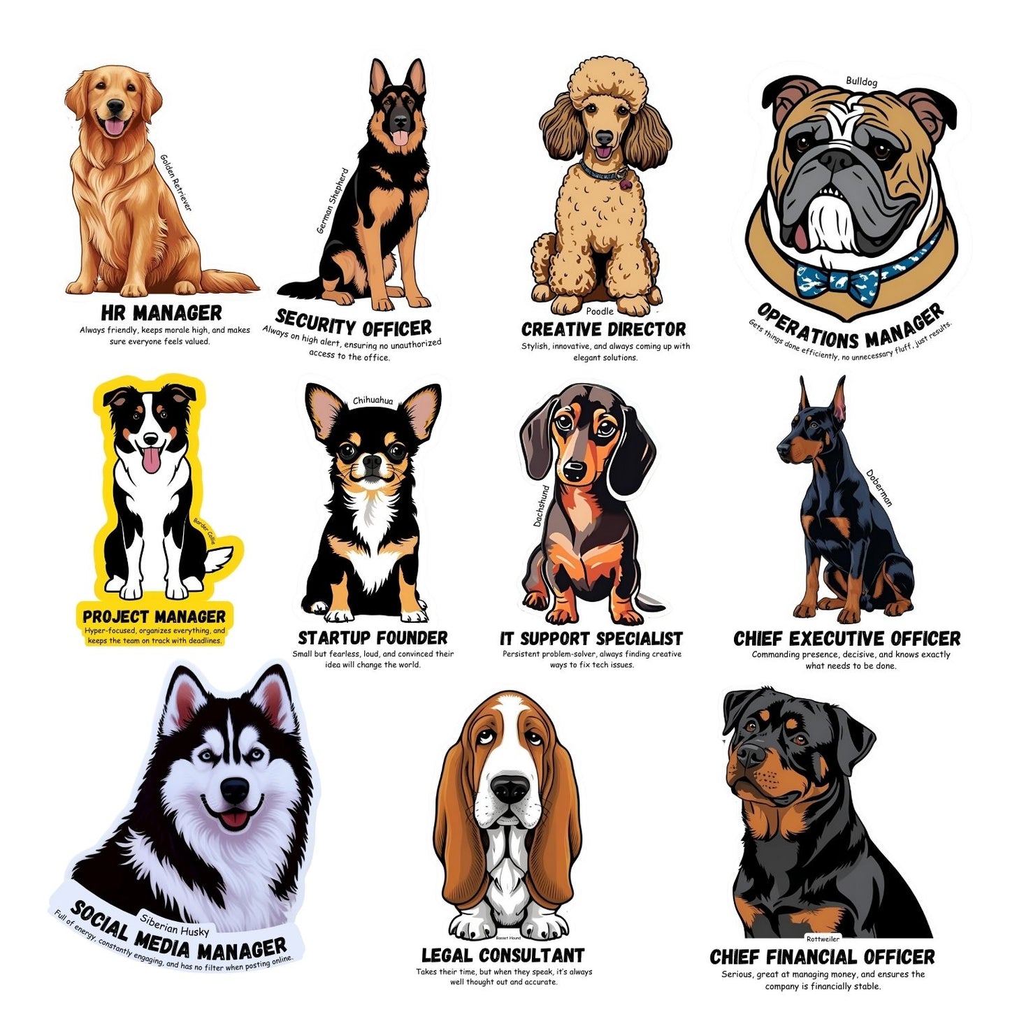 Corporate Funny Dog Stickers Set | Office-Themed Dog Memes | Waterproof Vinyl for Laptop, Desk, Bottle & Workstation Fun