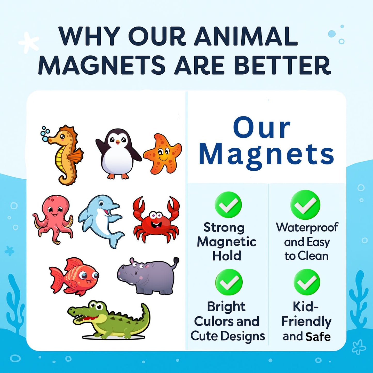Sea Animal Fridge Magnet Set for Kids | 14 Cute Ocean Creature | Educational Cartoon-Style Magnets
